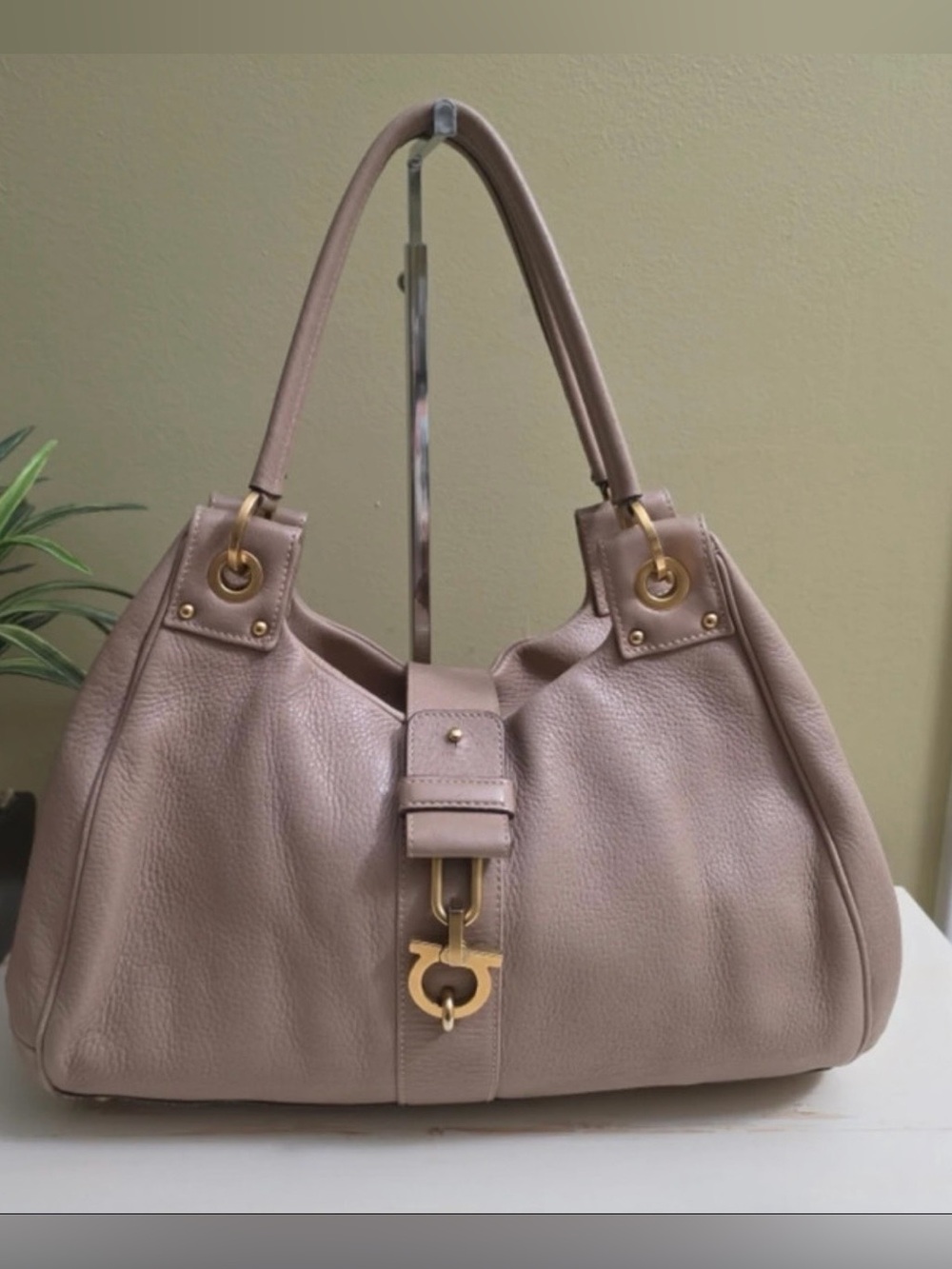 Salvatore Ferragamo Pebbled Leather Shoulder Bag in Taupe